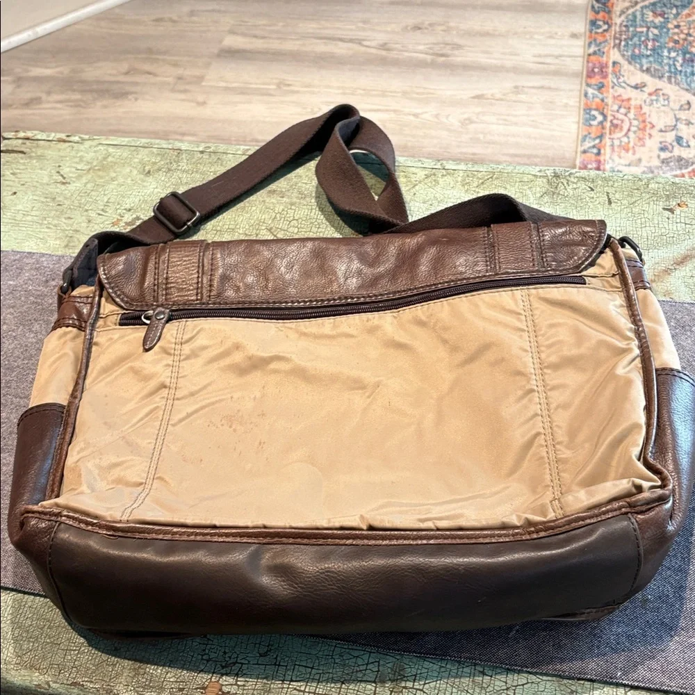 Fossil Leather Trim Tan Nylon Messenger Laptop Bag Crossbody Work